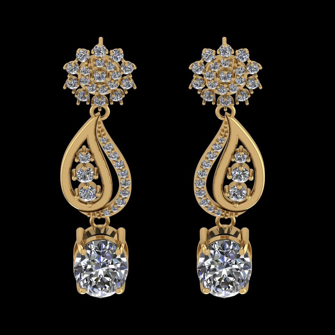 13.57 Ctw VS/SI1 Diamond Prong Set 18k Yellow Gold Dangle Stud Earrings (AL: Center Daimond Weight :-10.10 Ctw ( Oval Cut) Color : G-H Clarity : VS/SI1 Side Diamond Weight Of Ctw 3.47 Ctw Color : G-H Clarity : VS/SI1 Daimond Setting : Prong Metal Weight : Approx 14.56 gram 18k