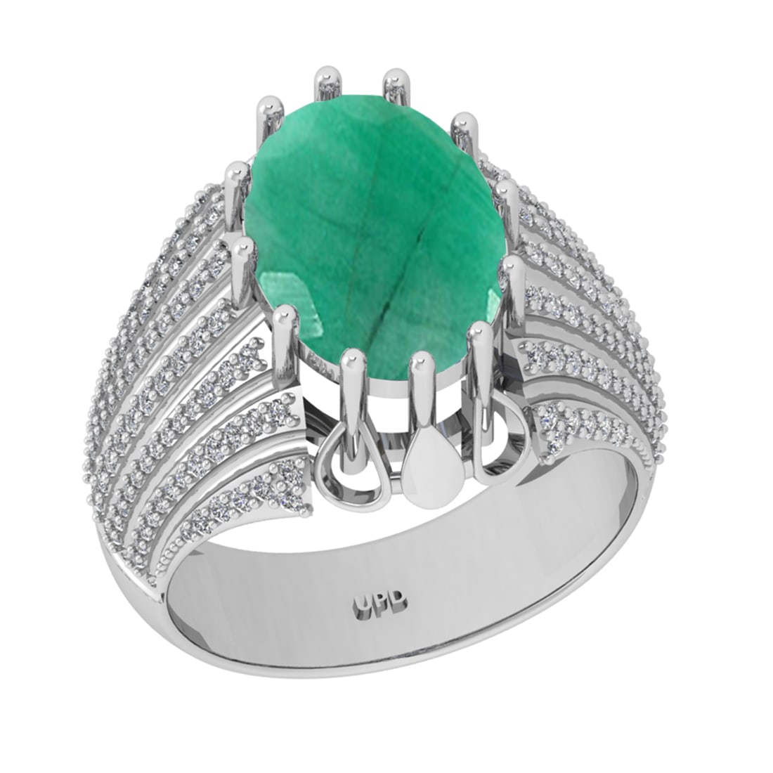 5.06 Ctw VS/SI1 Emerald And Diamond 14K White Gold Engagement Ring: Center Stone Weight : 4.50 Ctw ( Oval Cut ) Center Stone Color : Emerald Stone Setting : Prong Side Diamond Weight Of Ctw0.56 Ctw Side Stone Color : G-H Stone Clarity : VS/SI1 Stone Setting : Prong