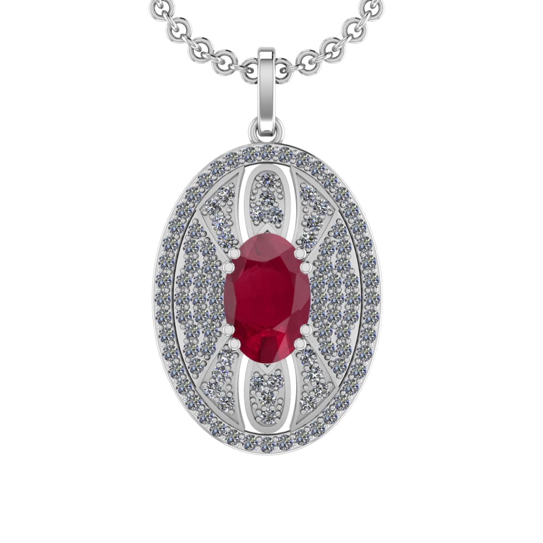 5.15 Ctw VS/SI1 Ruby and Diamond 14K White Gold Pendant (ALL DIAMOND ARE LA: Center Stone Weight :-3.50 Ctw ( Oval Cut) Color :- Ruby Setting : Prong Side Diamond Weight Of Ctw 1.65 Ctw Color : J-K Clarity : VS/SI1 Stone Setting : Prong Metal Weight : Approx 10.50 gram 14K