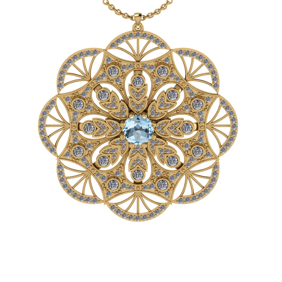 2.47 Ctw VS/SI1 Blue Topaz and Diamond Set 10K Yellow Gold Pendant (ALL DIA: Center Stone Weight :-0.84 Ctw ( Round Cut) Center Stone Color :-Blue Topaz Center Stone Setting : Prong Side Diamond Weight Of Ctw 1.63 Ctw Color : J-K Clarity : VS/SI1 Daimond Setting : Prong Metal