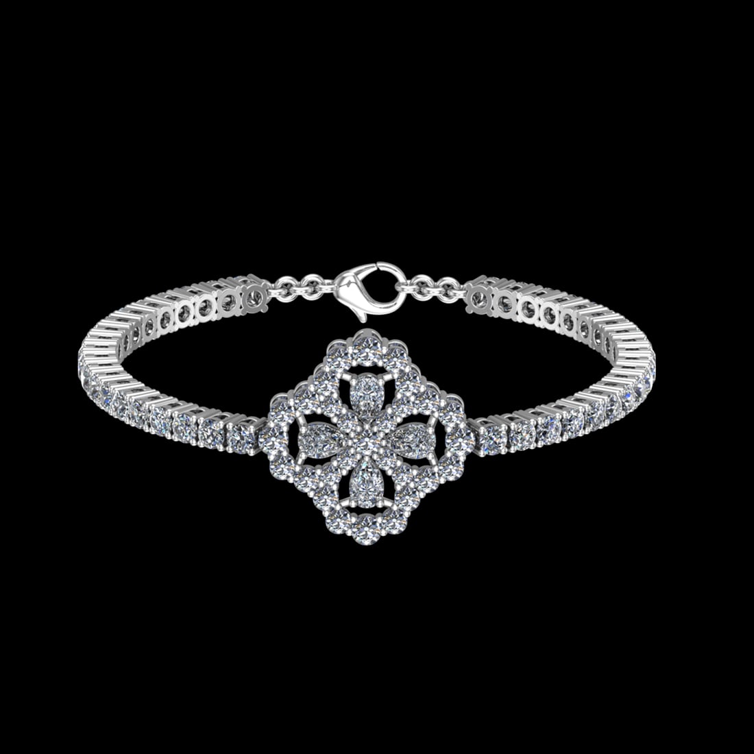 11.96 Ctw VS/SI1 Diamond Prong Set 10K white Gold Bracelet Current Size 7.5: Center Daimond Weight :-2.00 Ctw ( Peart Cut) Color : J-K Clarity : VS/SI1 Side Diamond Weight Of Ctw 9.96 Ctw Color : J-K Clarity : VS/SI1 Daimond Setting : Prong Metal Weight : Approx 22.69 gram 10K