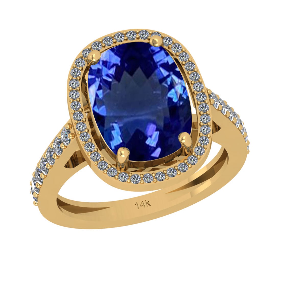 5.26 Ctw VS/SI1 Tanzanite And Diamond 18k Yellow Gold Cocktail Ring: Center Stone Weight : 4.72 Ctw (Cushion Cut ) Center Stone Color : Tanzanite Stone Setting : Prong Side Stone Weight Of Ctw 0.54 Ctw Side Stone Color : J-K Stone Clarity : VS/SI1 Stone Setting : Prong