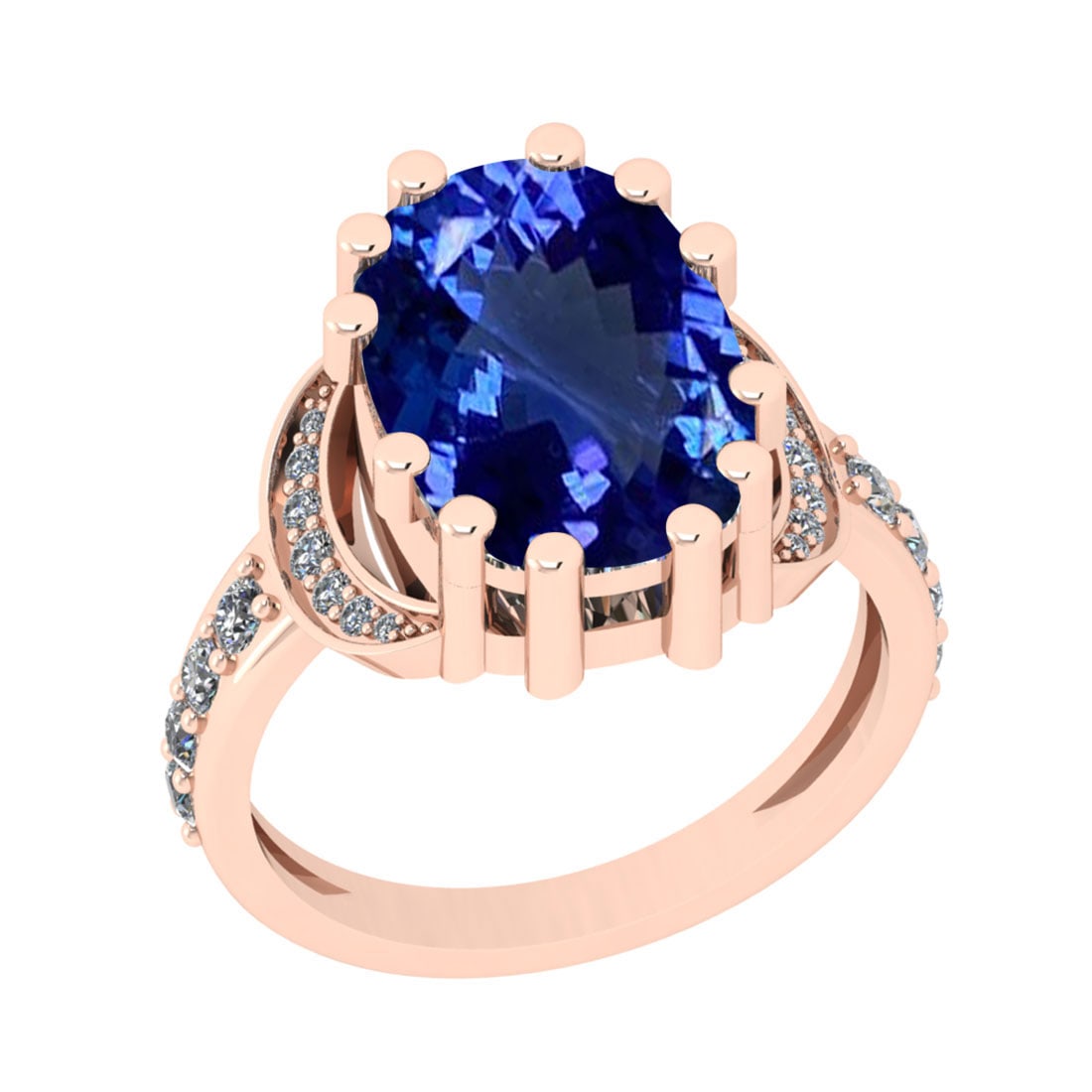 7.00 Ctw VS/SI1 Tanzanite And Diamond 18k Rose Gold Cocktail Ring: Center Stone Weight : 6.61 Ctw (Cushion Cut ) Center Stone Color : Tanzanite Stone Setting : Prong Side Stone Weight Of Ctw 0.39 Ctw Side Stone Color : J-K Stone Clarity : VS/SI1 Stone Setting : Prong