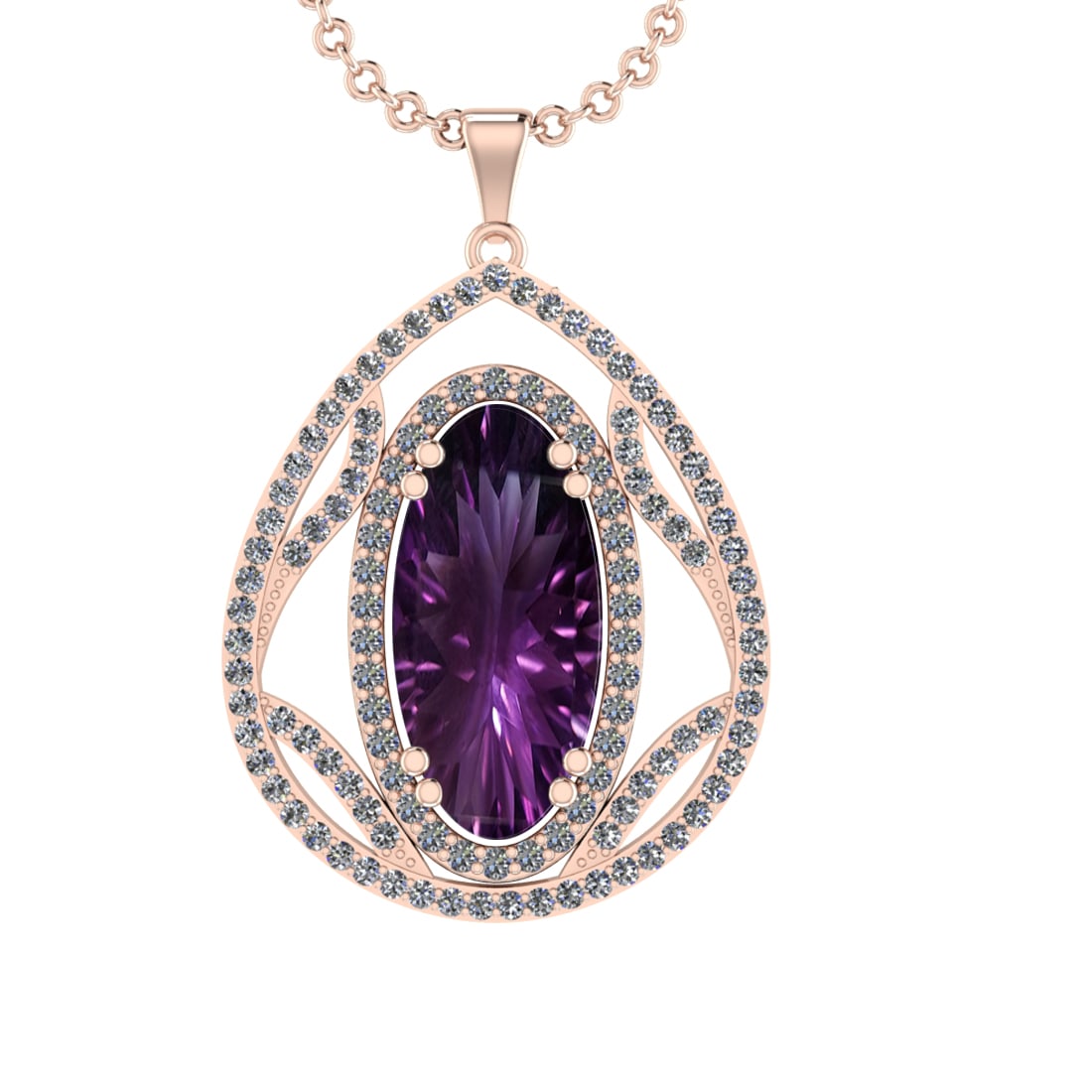 16.93 Ctw VS/SI1 Amethyst and Diamond Prong Set 14k Rose Gold Pendant (ALL: Center Stone Weight : 15.20 Ctw ( Oval Cut) Center Stone Color :-Amethyst Setting : Prong Side Weight Of Ctw 1.73 Ctw Color : J-K Clarity : VS/SI1 Stone Setting : Prong Metal Weight : Approx 11.80 gra