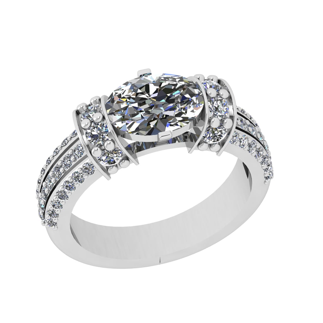 2.68 Ctw SI2/SI1 Diamond Prong Set 14k white Gold Engagement Ring: Center Daimond Weight :-2.00 Ctw ( Oval Cut) Color : G-H Clarity : SI2/SI1 Side Diamond Weight Of Ctw 0.68 Ctw Color : G-H Clarity : SI2/SI1 Daimond Setting : Prong Metal Weight : Approx 5.48 gram 14k