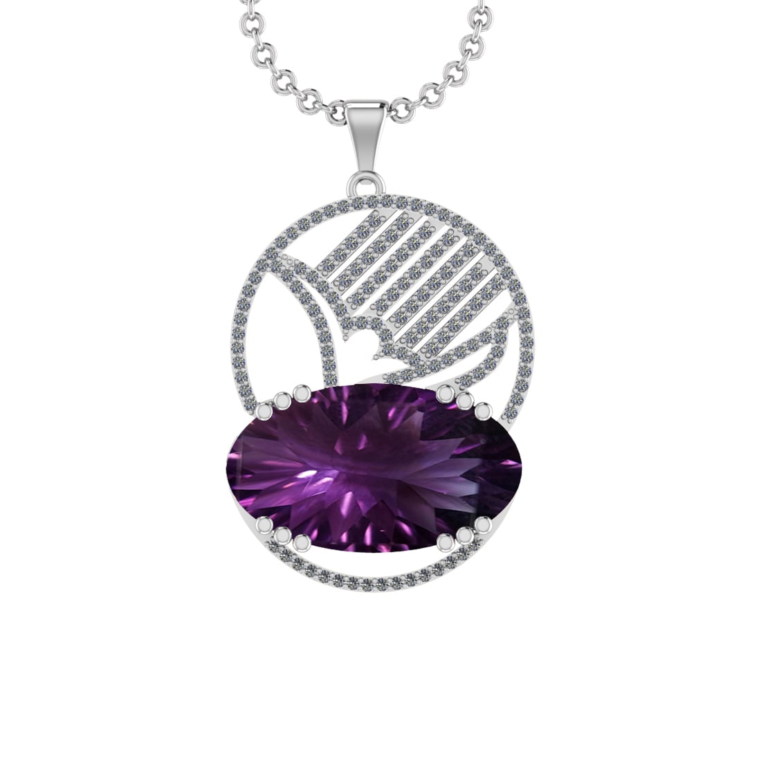 48.72 Ctw VS/SI1 Amethyst and Diamond Prong Set 14k White Gold Pendant (ALL: Center Stone Weight : 47.52 Ctw ( Oval Cut) Center Stone Color :-Amethyst Setting : Prong Side Weight Of Ctw 1.20 Ctw Color : J-K Clarity : VS/SI1 Stone Setting : Prong Metal Weight : Approx 9.70 gram