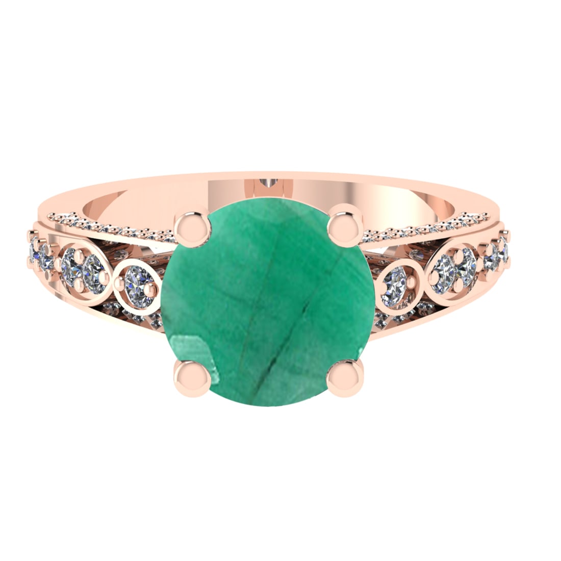 3.32 Ctw VS/SI1 Emerald and Diamond 14k Rose Gold Engagement Ring (ALL DIAM: Center Stone Weight :-2.75 Ctw ( Round Cut) Center Stone Color :-Emerald Center Stone Setting : Prong Side Diamond Weight Of Ctw 0.58 Ctw Color : G-H Clarity : VS/SI1 Daimond Setting : Prong Metal Wei