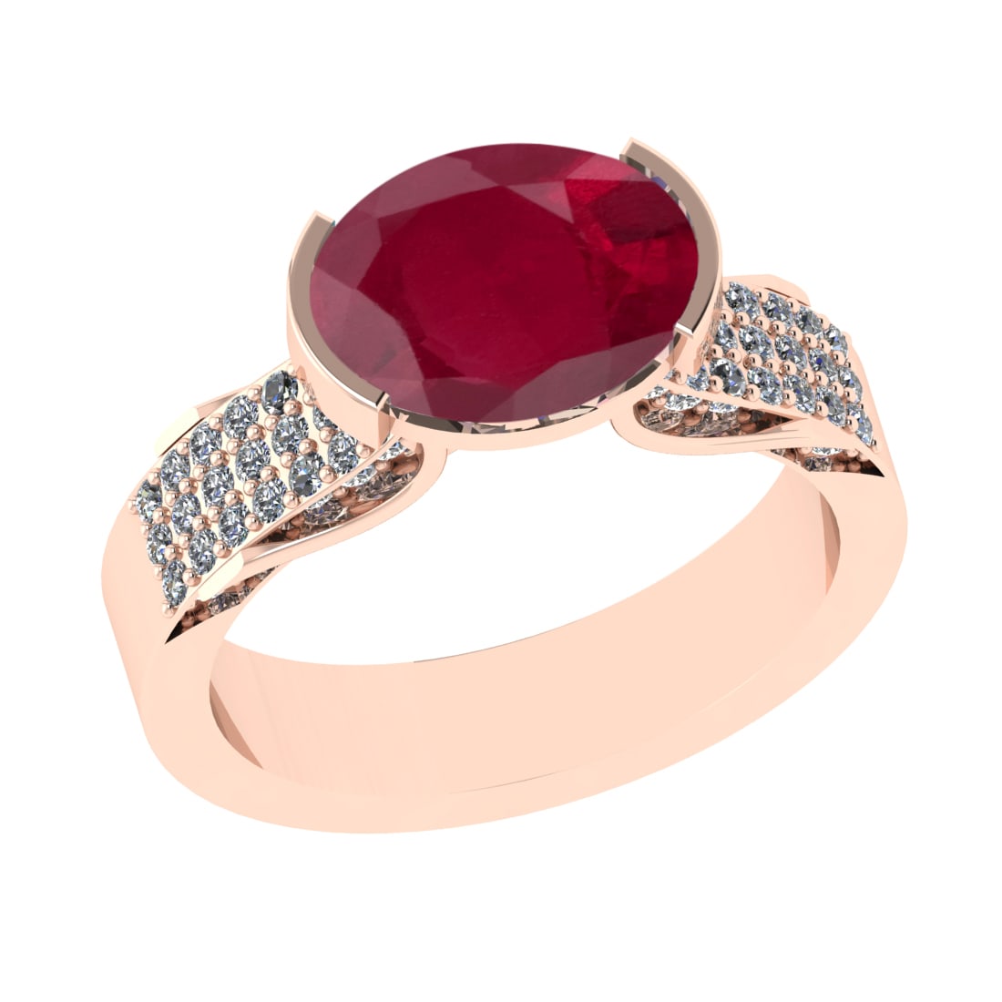 2.98 Ctw VS/SI1 Ruby And Diamond 14k Rose Gold Engagement Ring (ALL DIAMOND: Center Stone Weight : 2.50 Ctw ( Oval Cut ) Center Stone Color : Ruby Stone Setting : Prong Side Diamond Weight Of Ctw 0.48 Ctw Side Stone Color : G-H Stone Clarity : VS/SI1 Stone Setting : Prong