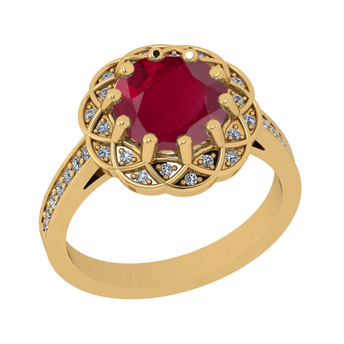 2.68 Ctw VS/SI1 Rubyand Diamond Prong Set 14k Yellow Gold Engagement Ring: Center Stone Weight :-2.43 Ctw ( Round Cut ) Center Stone Color :-Ruby Center Stone Setting : Prong Side Diamond Weight Of Ctw :- 0.25 Ctw Color : J-K Clarity : VS/SI1 Daimond Setting : Prong Metal We