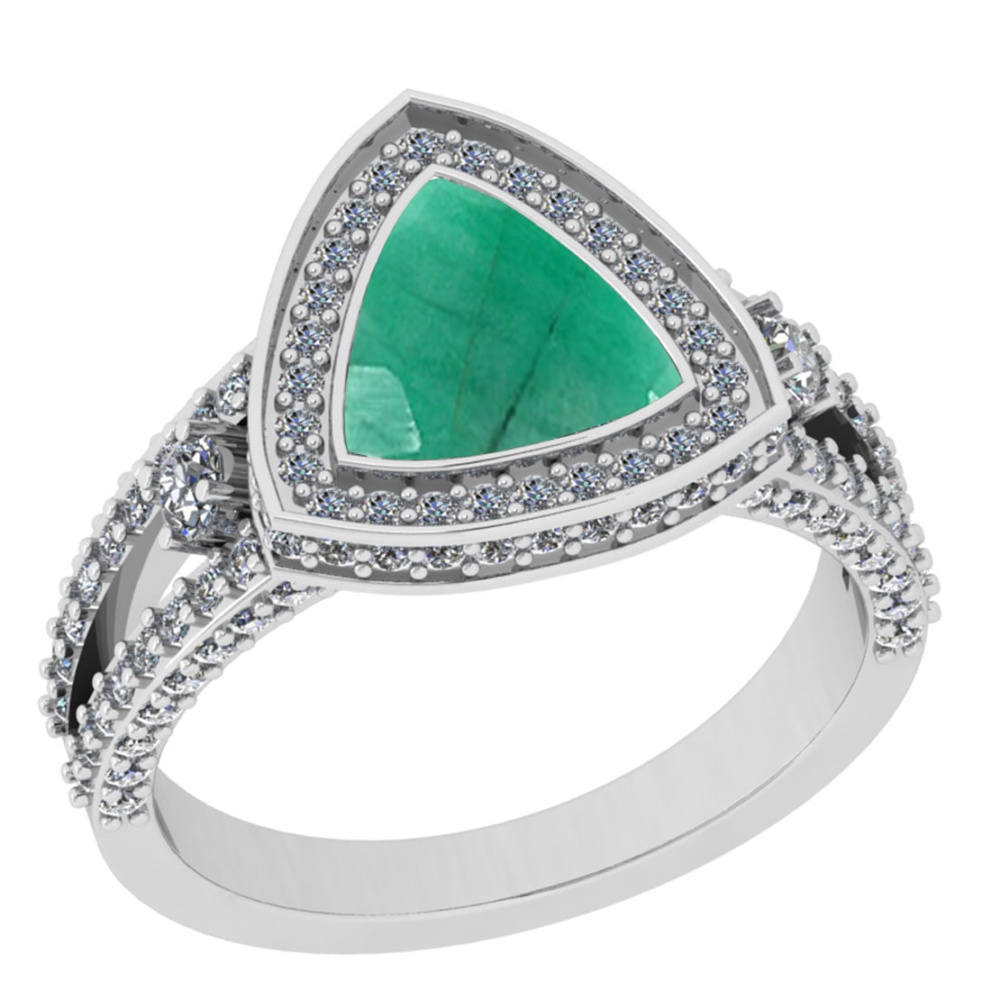 2.99 Ctw VS/SI1 Emerald And Diamond 14K White Gold Cocktail Ring: Center Stone Weight : 2.00 Ctw (Trillion Cut) Center Stone Color : Emerald Stone Setting : Prong Side Stone Weight Of Ctw 0.99 Ctw Side Stone Color : J-K Stone Clarity : VS/SI1 Stone Setting : Prong M