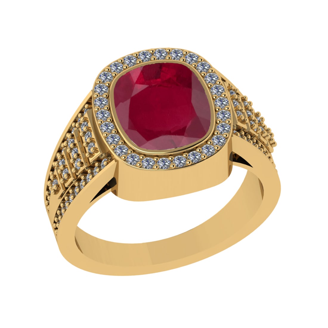 3.28 Ctw VS/SI1 Ruby and Diamond 14k Yellow Gold Engagement Ring (ALL DIAMO: Center Stone Weight :-2.70 Ctw ( Cushion Cut) Center Stone Color :-Ruby Center Stone Setting : Prong Side Diamond Weight Of Ctw 0.58 Ctw Color : G-H Clarity : VS/SI1 Daimond Setting : Prong Metal Weig