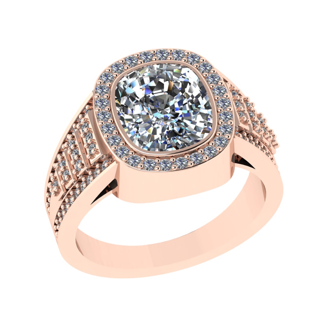 3.28 Ctw VS/SI1 Diamond 14k Rose Gold Engagement Ring: Center Daimond Weight :-2.70 Ctw ( Cushion Cut) Color : G-H Clarity : VS/SI1 Side Diamond Weight Of Ctw 0.58 Ctw Color : G-H Clarity : VS/SI1 Daimond Setting : Prong Metal Weight : Approx 6.06 gram 14