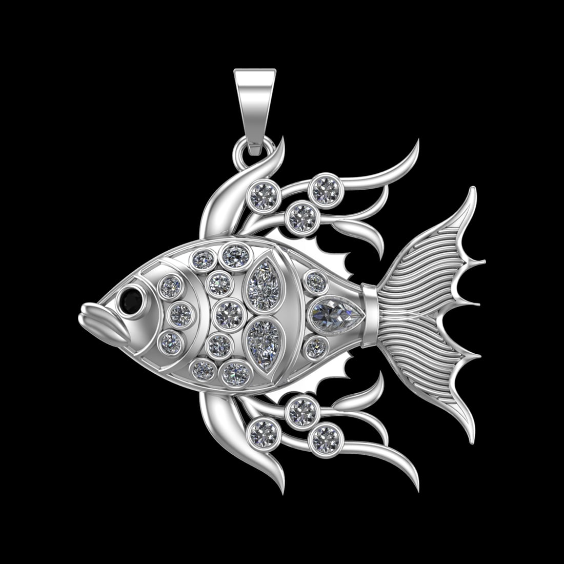 1.89 Ctw SI1/SI2Diamond Prong Set 10k white Gold Fish Theme Pendant (ALL DI: Eye Stone Weight :- 0.05 ctw Eye Stone Color :- Treated Fancy Black Diamond Total Daimond Weight :-1.83 Ctw Color : J-K Clarity : SI1/SI2 Setting : Prong Metal Weight : Approx 19.66 gram 10k White Gol