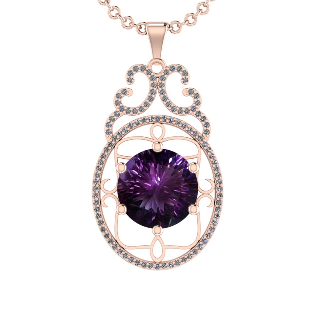 24.56 Ctw VS/SI1 Amethyst and Diamond 14K Rose Gold Pendant (ALL DIAMOND AR: Color Stone Weight : 24.29 Ctw ( Round Cut) Stone Color :- Amethyst Center Stone Setting : Prong Side Weight Of Ctw 0.27 Ctw Color : J-K Clarity : VS/SI1 Stone Setting : Prong Metal Weight : Approx 12