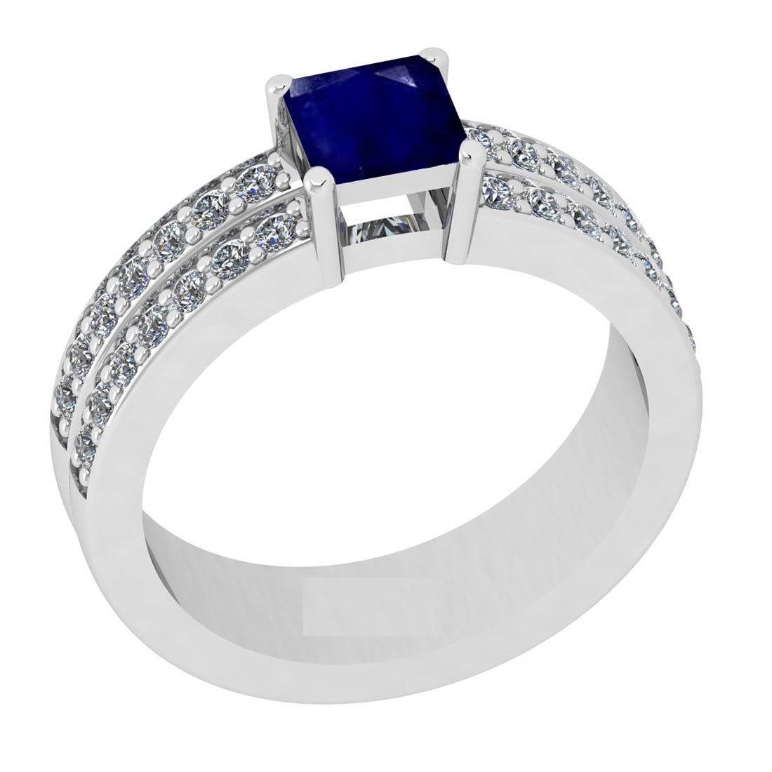 1.10 Ctw VS/SI1 Blue Sapphire And Diamond 14K White Gold Cocktail Ring: Center Stone Weight : 0.70 Ctw (Cushion Cut )Center Stone Color : Blue Sapphire Stone Setting : Prong Side Stone Weight Of Ctw 0.40 Ctw Side Stone Color : J-K Stone Clarity : VS/SI1 Stone Setting : Pr
