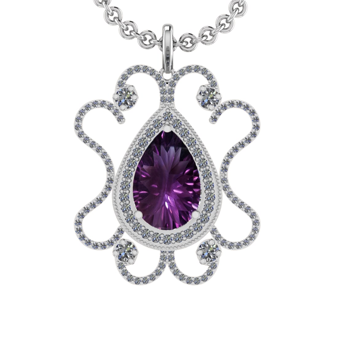 16.10 Ctw VS/SI1 Amethyst and Diamond 14K White Gold Pendant: Center Stone Weight : 13.36 Ctw ( Pear Cut) Center Stone Color :-Amethyst Setting : Prong Side Weight Of Ctw 2.34 Ctw Color : J-K Clarity : VS/SI1 Stone Setting : Prong Metal Weight : Approx 12.90 gra