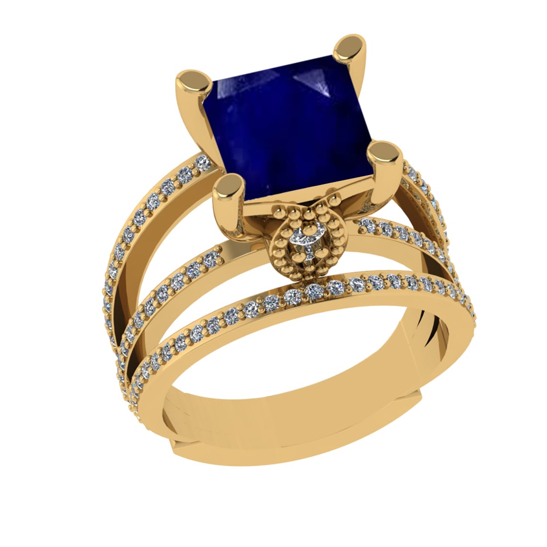 2.70 Ctw VS/SI1 Blue Sapphire And Diamond 14k Yellow Gold Engagement Ring (: Center Stone Weight : 2.00 Ctw ( Cushion Cut ) Center Stone Color : Blue Sapphire Stone Setting : Prong Side Diamond Weight Of Ctw 0.70 Ctw Side Stone Color : G-H Stone Clarity : VS/SI1 Stone Setting