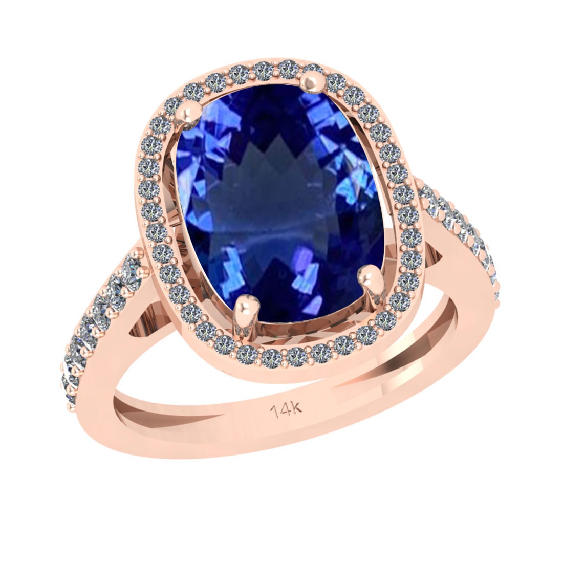 5.26 Ctw VS/SI1 Tanzanite And Diamond 18k Rose Gold Cocktail Ring: Center Stone Weight : 4.72 Ctw (Cushion Cut ) Center Stone Color : Tanzanite Stone Setting : Prong Side Stone Weight Of Ctw 0.54 Ctw Side Stone Color : J-K Stone Clarity : VS/SI1 Stone Setting : Prong