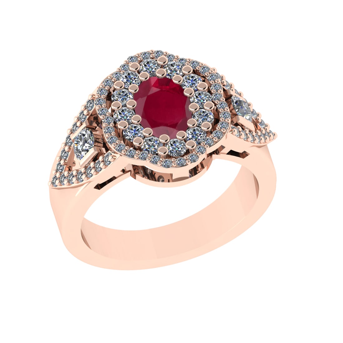 1.73 Ctw VS/SI1 Ruby and Diamond14K Rose Gold Engagement Ring: Center Stone Weight : 0.75 Ctw (Oval Cut) Center Stone Color :-Ruby Center Stone Setting : Prong Side Diamond Weight Of Ctw 0.98 Ctw Color : J-K Clarity : VS/SI1 Stone Setting : Prong Metal Weight : A