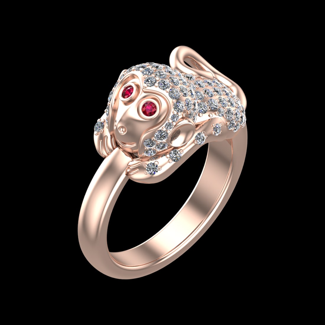 1.18 Ctw VS/SI1 Ruby And Diamond Prong Set 10K Rose Gold Animal theme Monke: Eye Stone weight :- Ctw :- 0.04 Ctw ( Round cut ) Eye Stone Color :- Ruby Total Diamond Weight Of Ctw :- 1.14 Ctw Color : J-K Clarity : VS/SI1 Setting : Prong Metal Weight : Approx 17.80 gram 10K