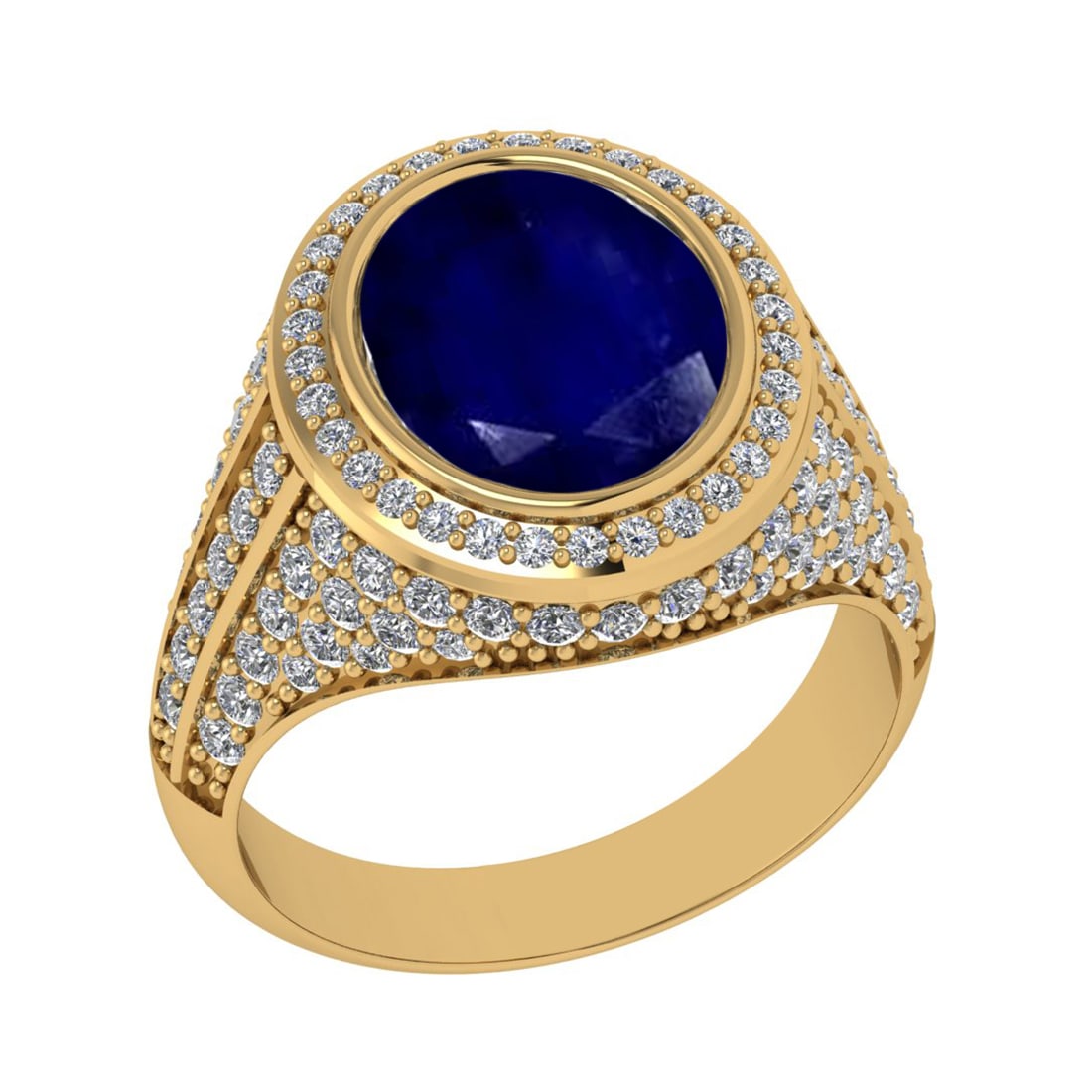 4.70 Ctw VS/SI1 Blue Sapphire and Diamond Prong Set 14K Yellow Gold Engagem: Center Stone Weight : 3.50 Ctw (Oval Cut) Center Stone Color : Blue Sapphire Setting : Prong Side Weight Of Ctw 1.20 Ctw Color : J-K Clarity : VS/SI1 Stone Setting : Prong Metal Weight : Approx 7.90 g