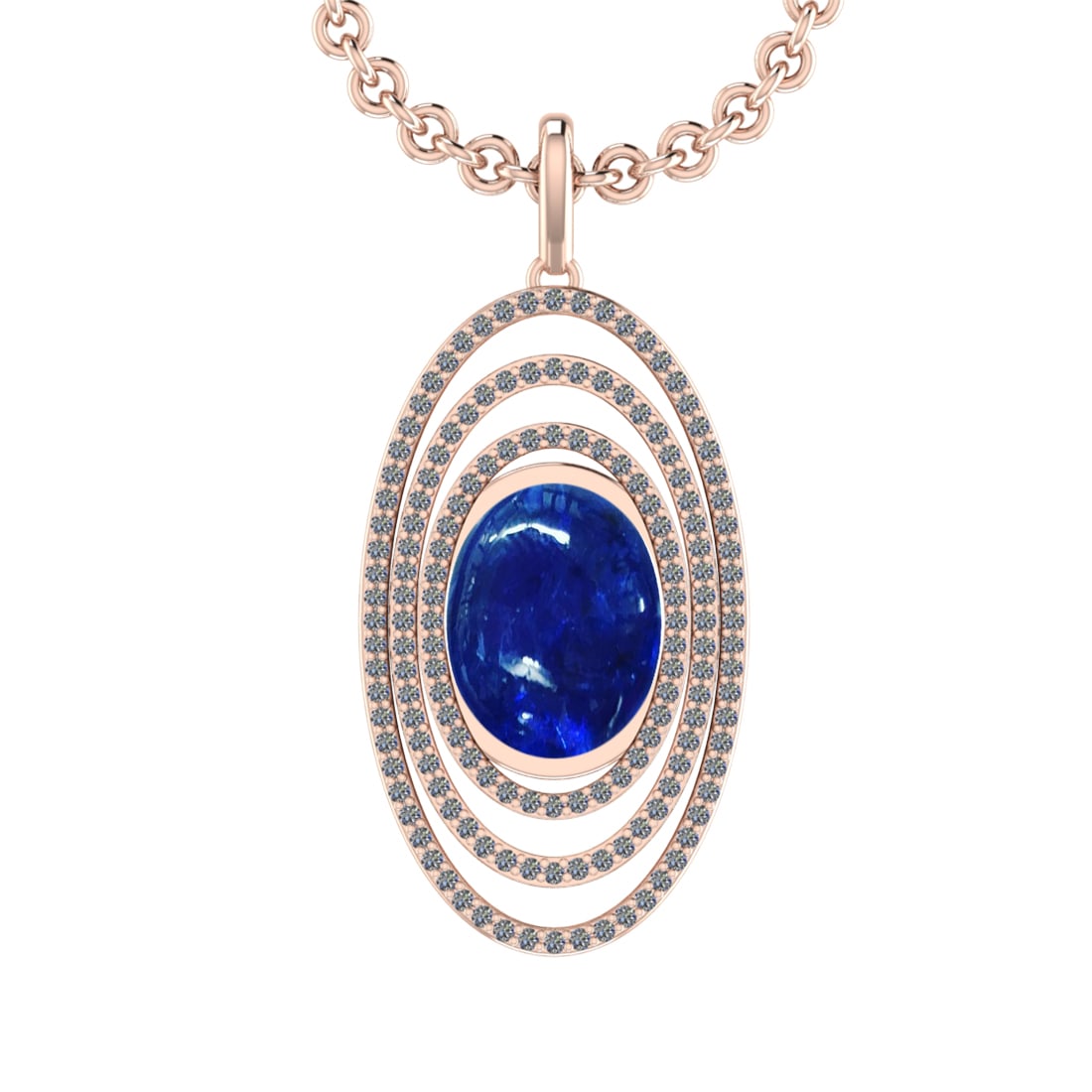 16.06 Ctw VS/SI1 Tanzanite and Diamond 14K Rose Gold Pendant: Center Stone Weight : 14.86 Ctw ( Oval Cab) Center Stone Color :-Tanzanite Setting : Prong Side Weight Of Ctw 1.20 Ctw Color : J-K Clarity :VS/SI1 Stone Setting : Prong Metal Weight : Approx 8.90 gram