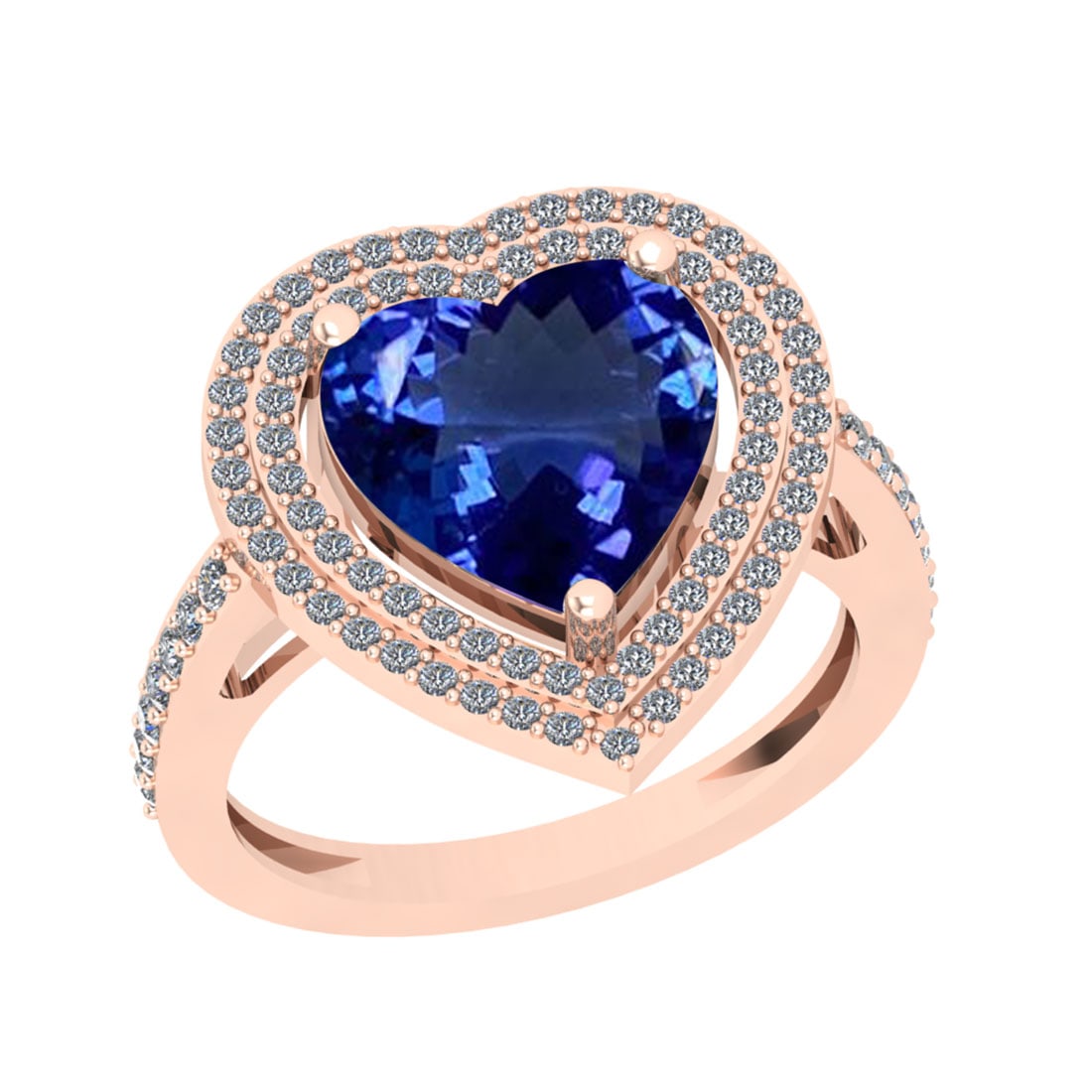 5.07 Ctw VS/SI1 Tanzanite And Diamond 18k Rose Gold Engagement Halo Ring: Center Stone Weight : 4.59 Ctw ( Heart Cut ) Center Stone Color : Tanzanite Stone Setting : Prong Side Diamond Weight Of Ctw 0.48 Ctw Side Stone Color : J-K Stone Clarity : VS/SI1 Stone Setting : Pron