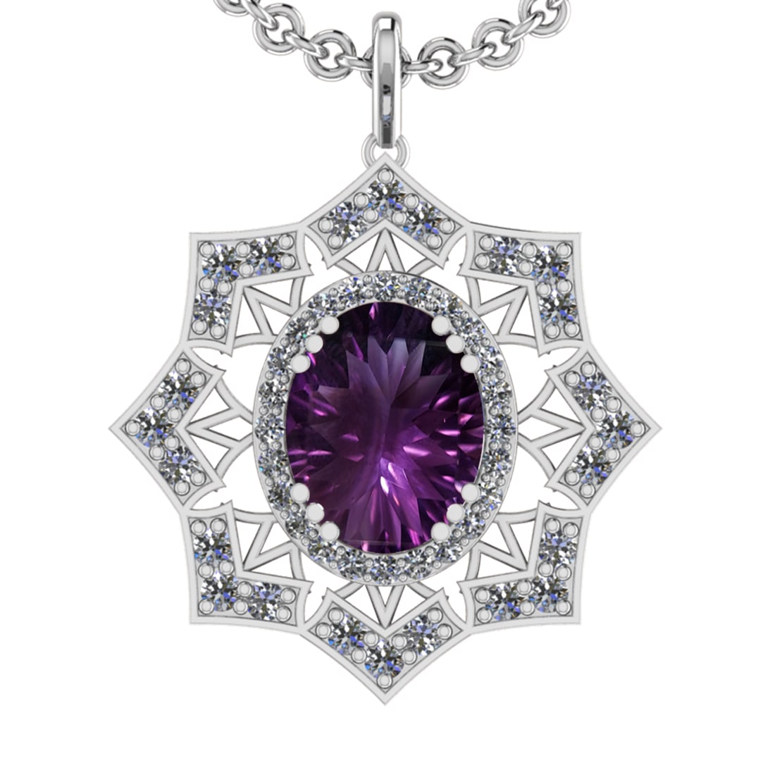 22.81 Ctw VS/SI1 Amethyst and Diamond 14K White Gold Pendant: Center Stone Weight : 20.97 Ctw ( Oval Cut) Center Stone Color :-Amethyst Setting : Prong Side Weight Of Ctw 1.84 Ctw Color : J-K Clarity : VS/SI1 Stone Setting : Prong Metal Weight : Approx 12.90 gra