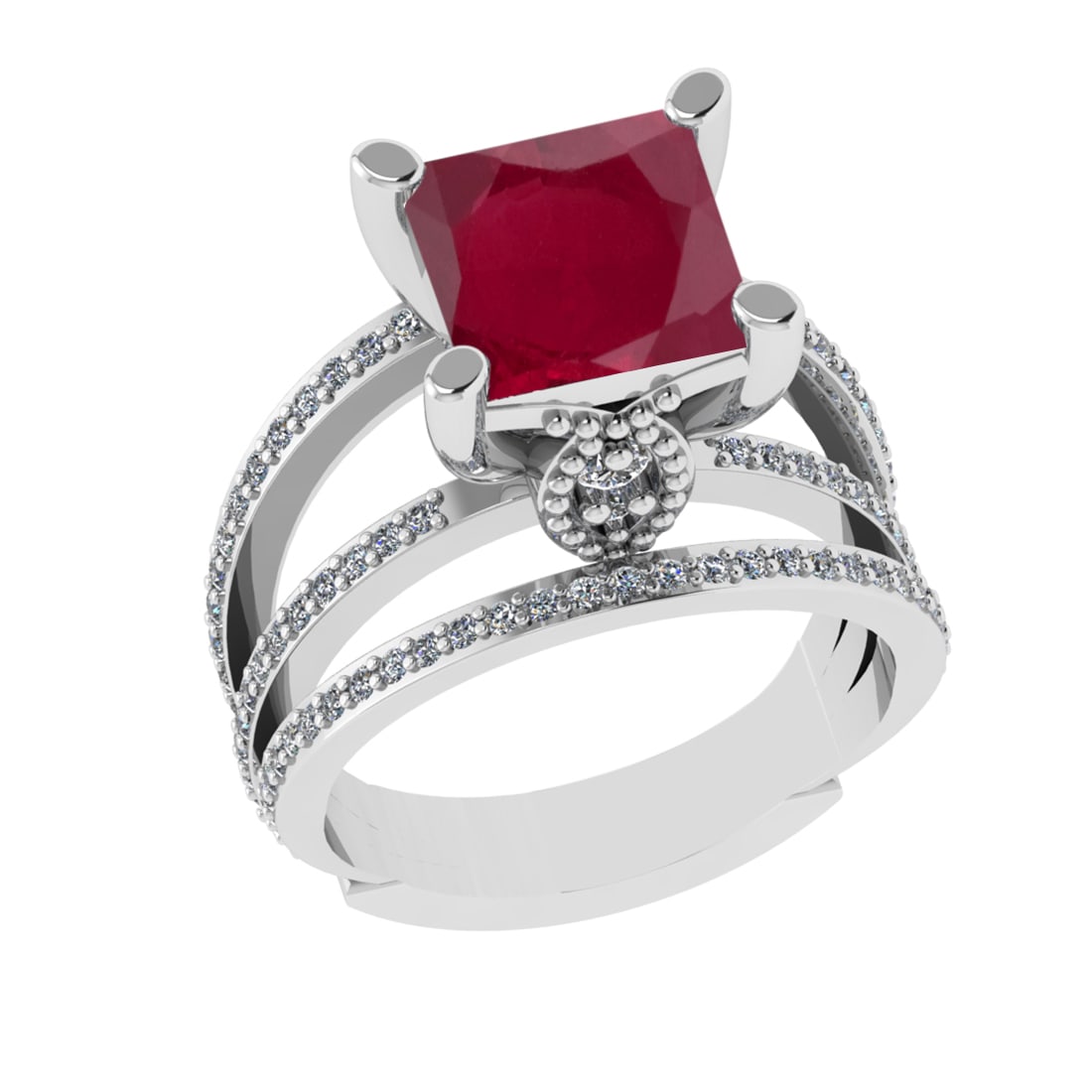 2.70 Ctw VS/SI1 Ruby And Diamond 14k White Gold Engagement Ring (ALL DIAMON: Center Stone Weight : 2.00 Ctw ( Cushion Cut ) Center Stone Color : Ruby Stone Setting : Prong Side Diamond Weight Of Ctw 0.70 Ctw Side Stone Color : G-H Stone Clarity : VS/SI1 Stone Setting : Prong M