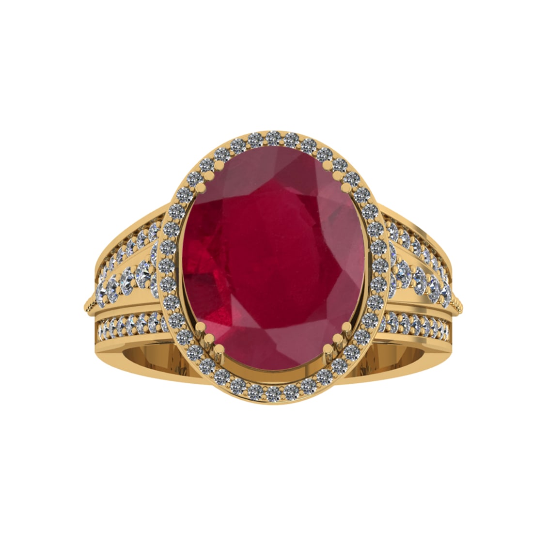 5.60 Ctw VS/SI1 Ruby And Diamond 14k Yellow Gold Engagement Ring (ALL DIAMO: Center Stone Weight : 5.00 Ctw ( Oval Cut ) Center Stone Color : Ruby Stone Setting : Prong Side Diamond Weight Of Ctw 0.60 Ctw Side Stone Color : G-H Stone Clarity : VS/SI1 Stone Setting : Prong