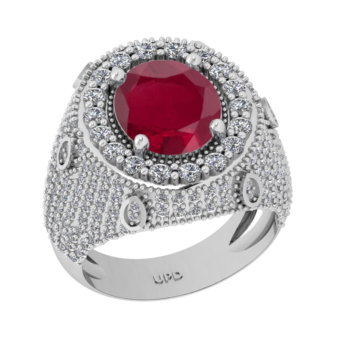 7.00 Ctw VS/SI1 Ruby And Diamond 14K White Gold Engagement Ring: Center Stone Weight : 5.10 Ctw ( Oval Cut ) Center Stone Color : Ruby Stone Setting : Prong Side Diamond Weight Of Ctw1.90 Ctw Side Stone Color : G-H Stone Clarity : VS/SI1 Stone Setting : Prong Metal
