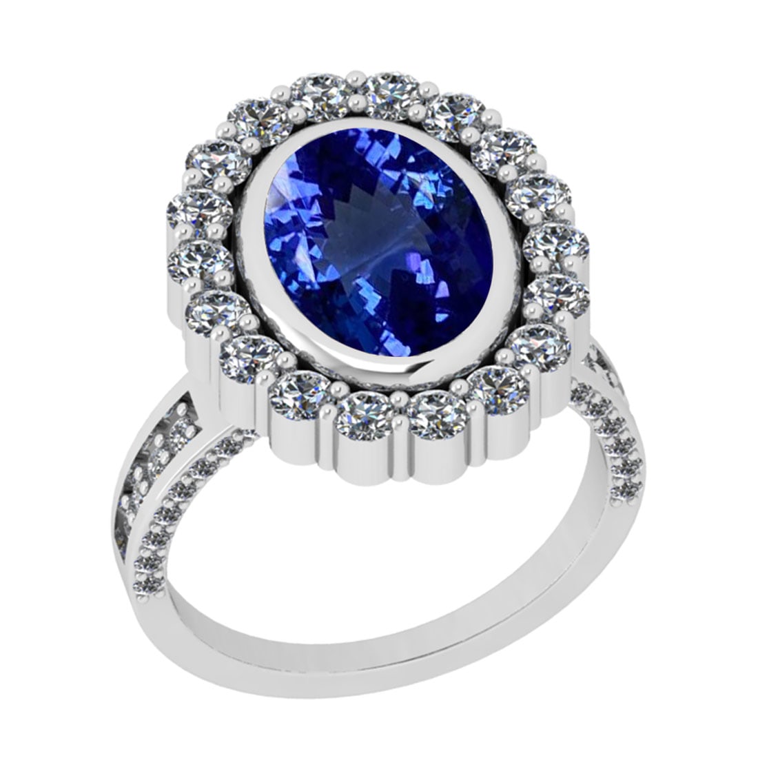 5.85 Ctw VS/SI1 Tanzanite And Diamond 18k White Gold Cocktail Ring: Center Stone Weight : 4.15 Ctw (Oval Cut ) Center Stone Color : Tanzanite Stone Setting : Prong Side Stone Weight Of Ctw 1.70 Ctw Side Stone Color : J-K Stone Clarity : VS/SI1 Stone Setting : Prong Me