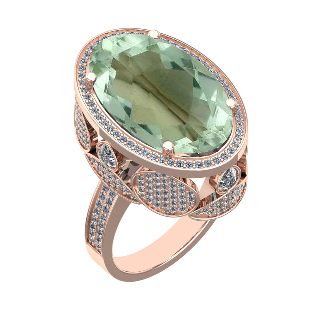 18.52 Ctw VS/SI1 Green Amethyst and Diamond 14K Rose Gold Engagement Ring (: Color Stone Weight : 15.98 Ctw ( Oval Cut) Stone Color :- Green Amethyst Center Stone Setting : Prong Side Weight Of Ctw 2.54 Ctw Color : J-K Clarity : VS/SI1 Stone Setting : Prong Metal Weight :