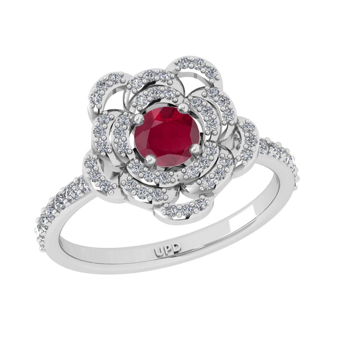 0.92 Ctw VS/SI1 Ruby and Diamond Prong Set 14K White Gold Engagement Ring: Center stone Weight :-: 0.50 Ctw ( Round Cut) Color :- Ruby Center Stone Setting : Prong Side Diamond Weight Of Ctw 0.42 Ctw Color : J-K Clarity : VS/SI1 Stone Setting : Prong Metal Weight : Approx