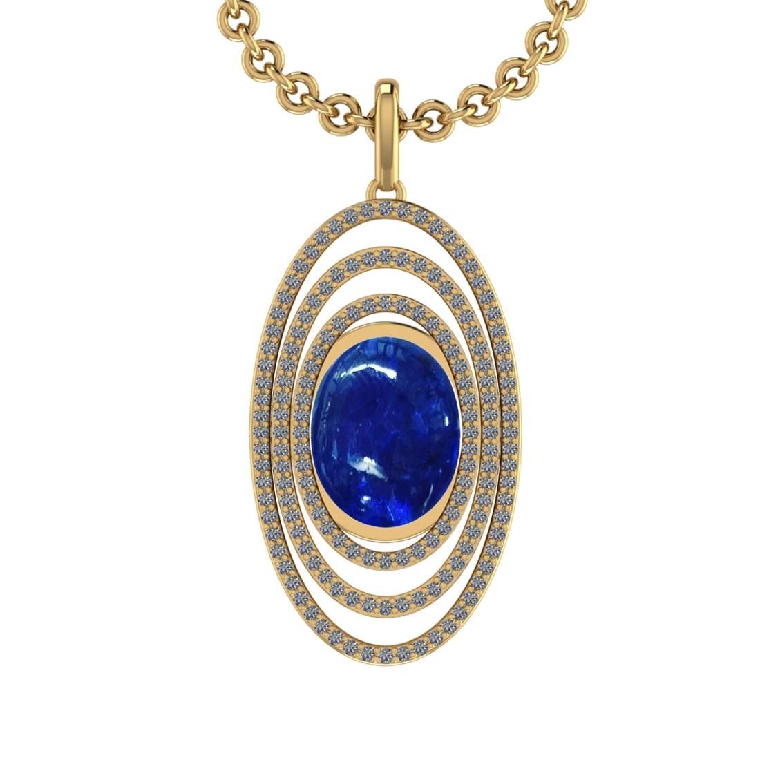 16.06 Ctw VS/SI1 Tanzanite and Diamond 14K Yellow Gold Pendant: Center Stone Weight : 14.86 Ctw ( Oval Cab) Center Stone Color :-Tanzanite Setting : Prong Side Weight Of Ctw 1.20 Ctw Color : J-K Clarity :VS/SI1 Stone Setting : Prong Metal Weight : Approx 8.90 gram