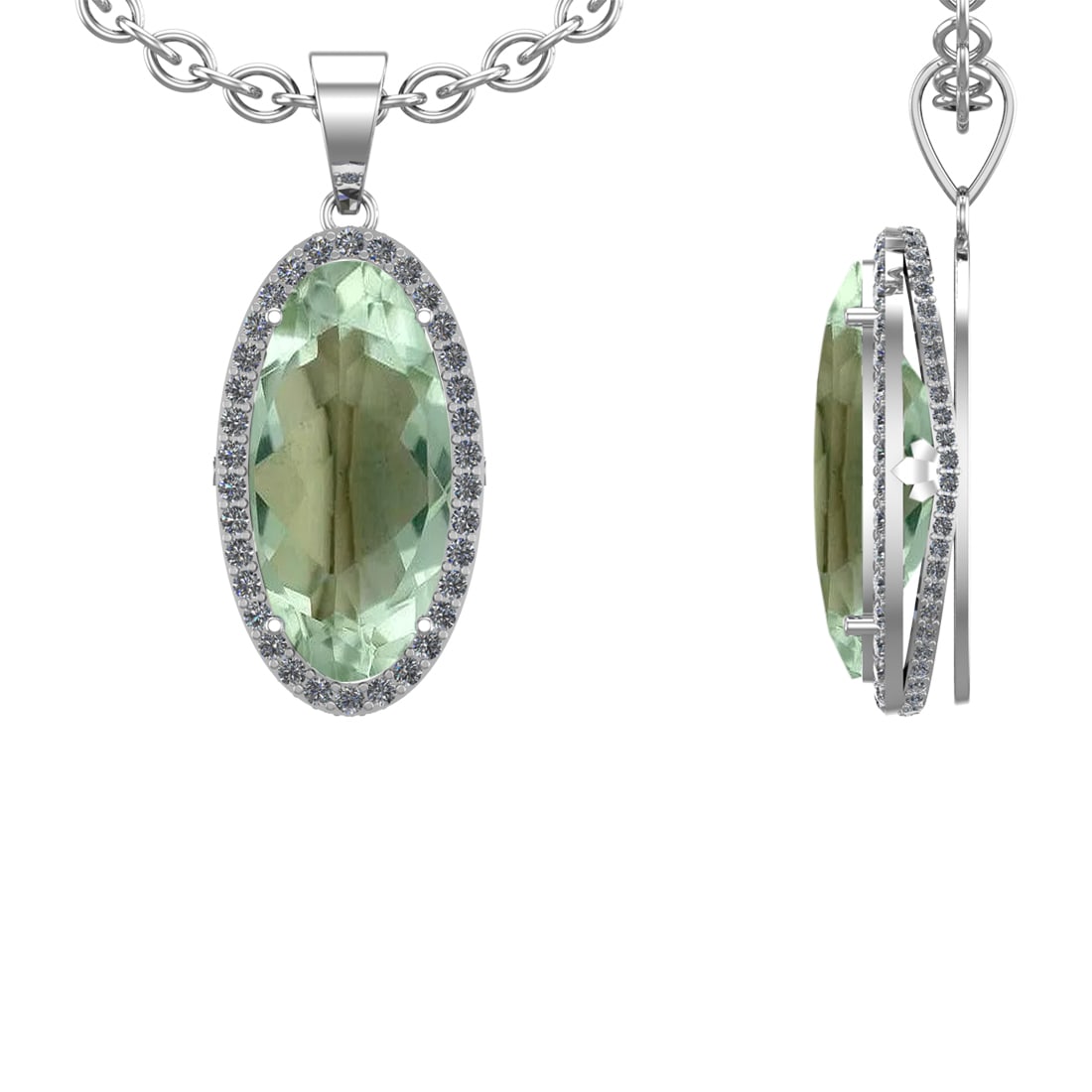 17.79 Ctw VS/SI1 Green Amethyst and Diamond 14K White Gold Necklace (ALL DI: Color Stone Weight : 16.51 Ctw ( Oval Cut) Stone Color :- Green Amethyst Center Stone Setting : Prong Side Weight Of Ctw 1.28 Ctw Color : J-K Clarity : VS/SI1 Stone Setting : Prong Metal Weight : Appr