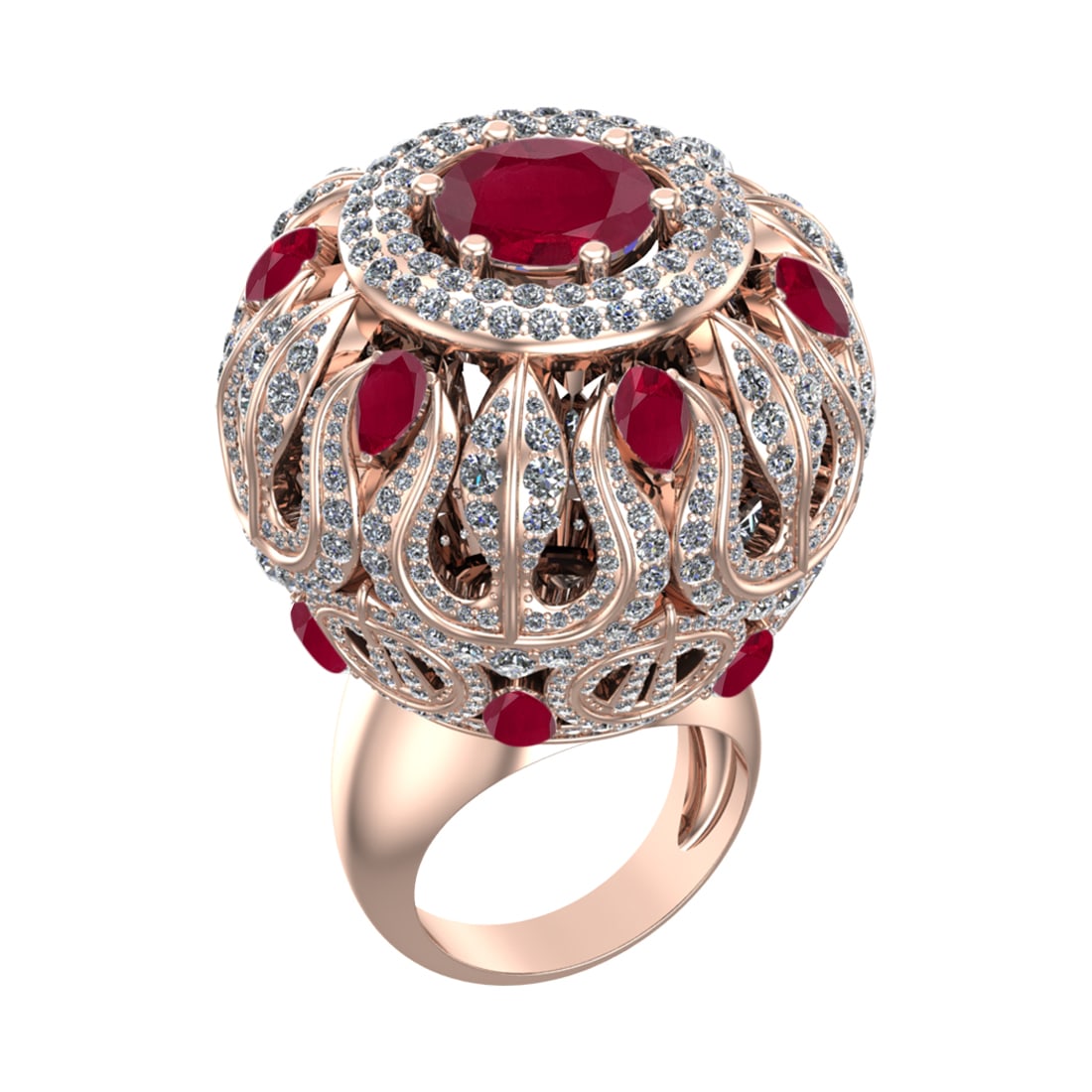 17.72 Ctw VS/SI1 Ruby and Diamond 14k Rose Gold Engagement Ring (ALL DIAMON: Center Stone Weight :-9.84 Ctw ( Round & Pear Cut) Center Stone Color :- Ruby Center Stone Setting : Prong Side Diamond Weight Of Ctw :- 7.88 Ctw Color : J-K Clarity : VS/SI1 Daimond Setting : Prong M