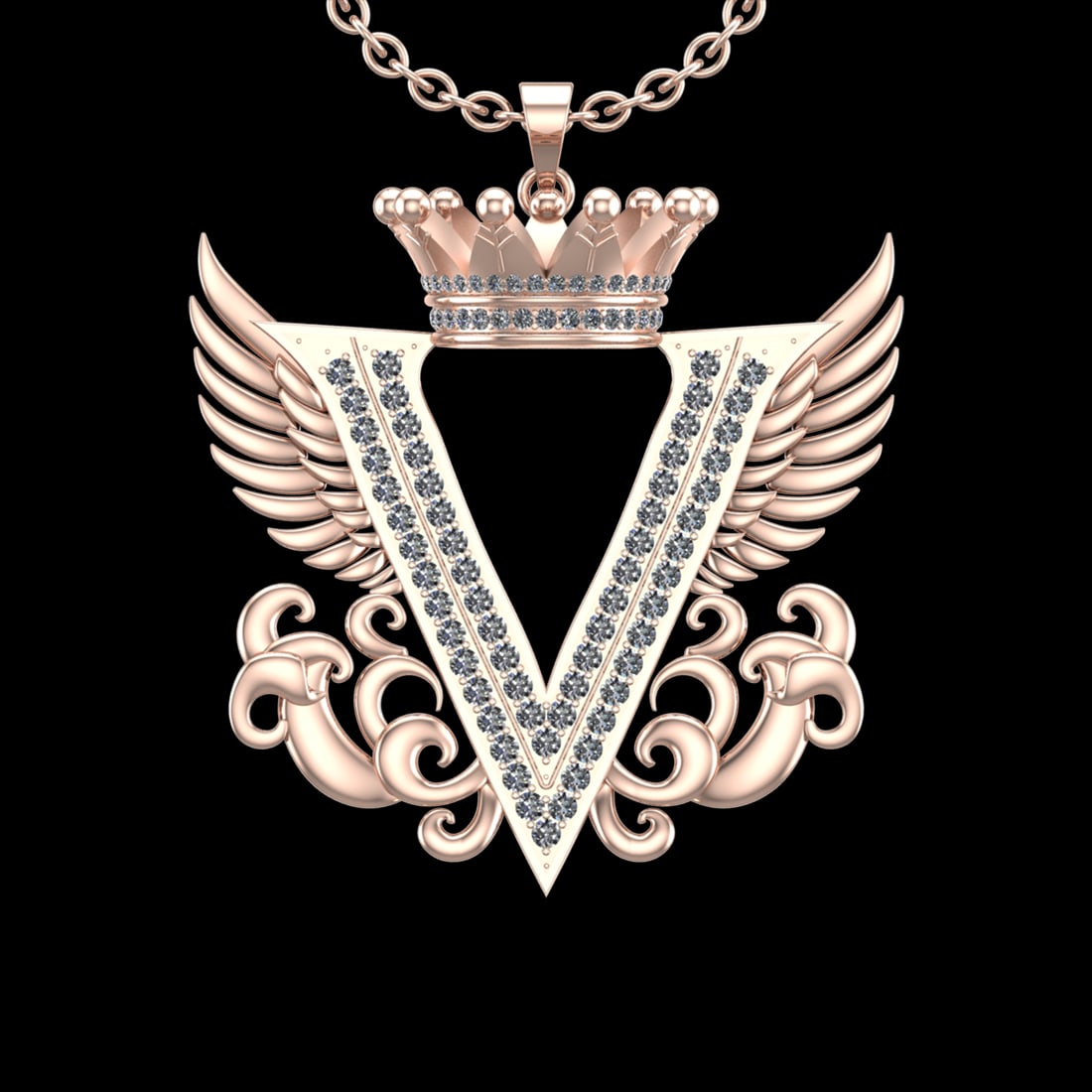 4.25 Ctw VS/SI1 Diamond Prong Set 18K Rose Gold Letter theme ( V) Necklace: Total Diamond Weight : 4.25 Ctw (Round cut) Center Diamond Color :- G-H Center Clarity : VS/SI1 Stone Setting : Prong Metal Weight : Approx 29.80 Gram 18K Rose Gold Letter theme ( V) Necklace (ALL DIA