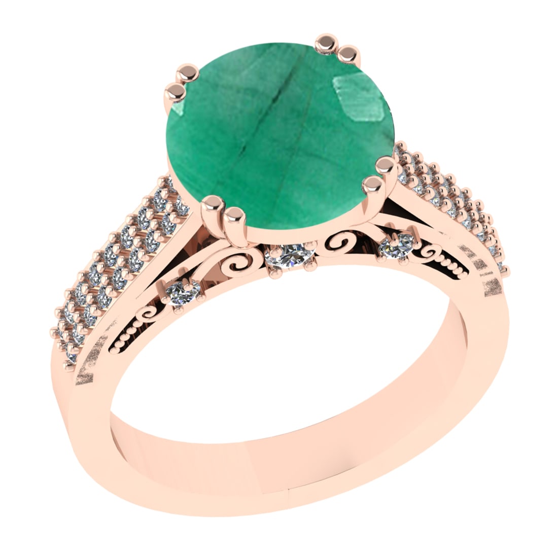 4.39 Ctw VS/SI1 Emerald and Diamond 14k Rose Gold Engagement Ring: Center Stone Weight :-3.87 Ctw ( Round Cut) Center Stone Color :-Emerald Center Stone Setting : Prong Side Diamond Weight Of Ctw :- 0.52 Ctw Color : J-K Clarity : VS/SI1 Daimond Setting : Prong Metal