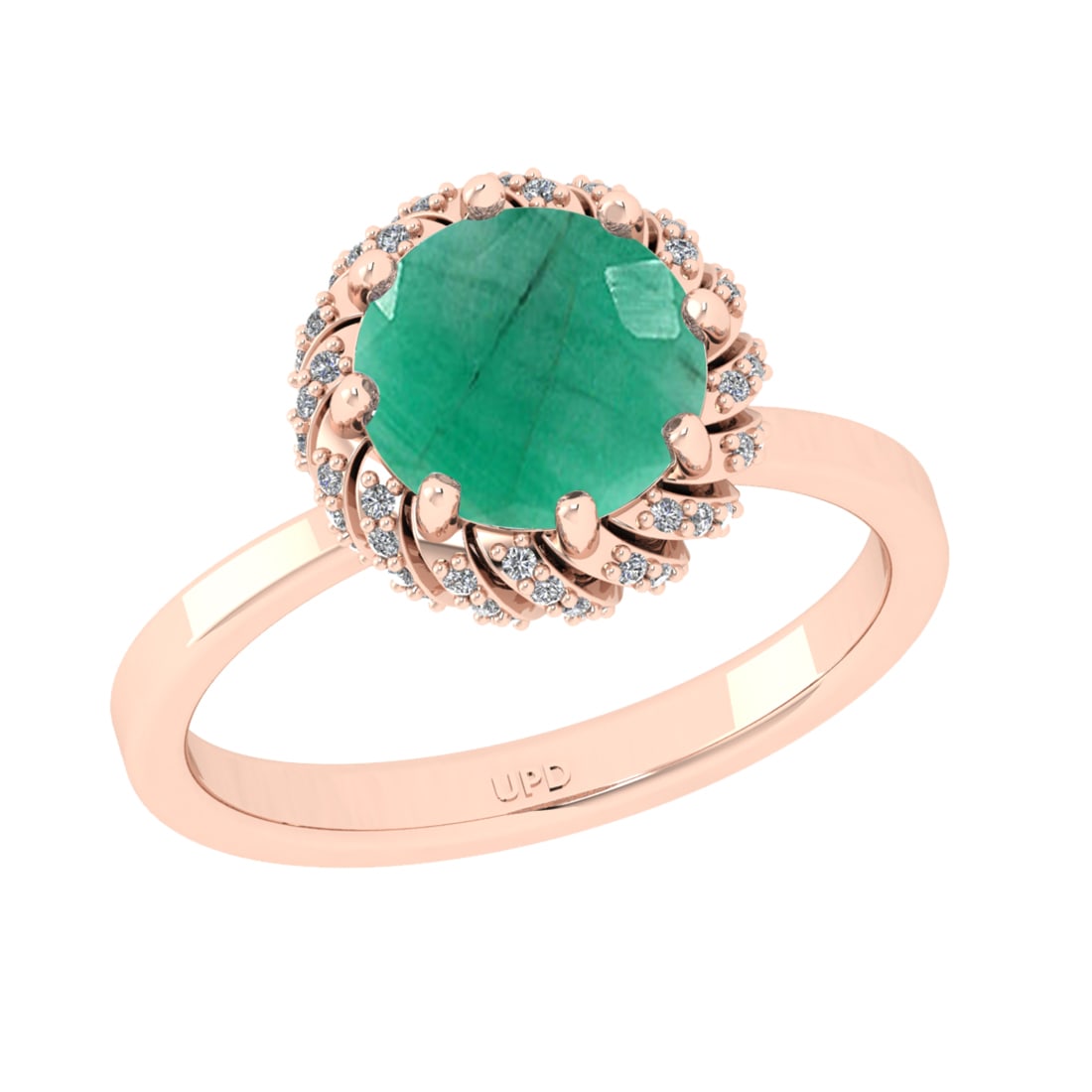 2.25 Ctw VS/SI1 Emerlad and Diamond Prong Set 14K Rose Gold Engagement Ring: Center stone Weight :-: 2.00 Ctw ( Round Cut) Color :- Emerlad Center Stone Setting : Prong Side Diamond Weight Of Ctw 0.25 Ctw Color : J-K Clarity : VS/SI1 Stone Setting : Prong Metal Weight : Approx