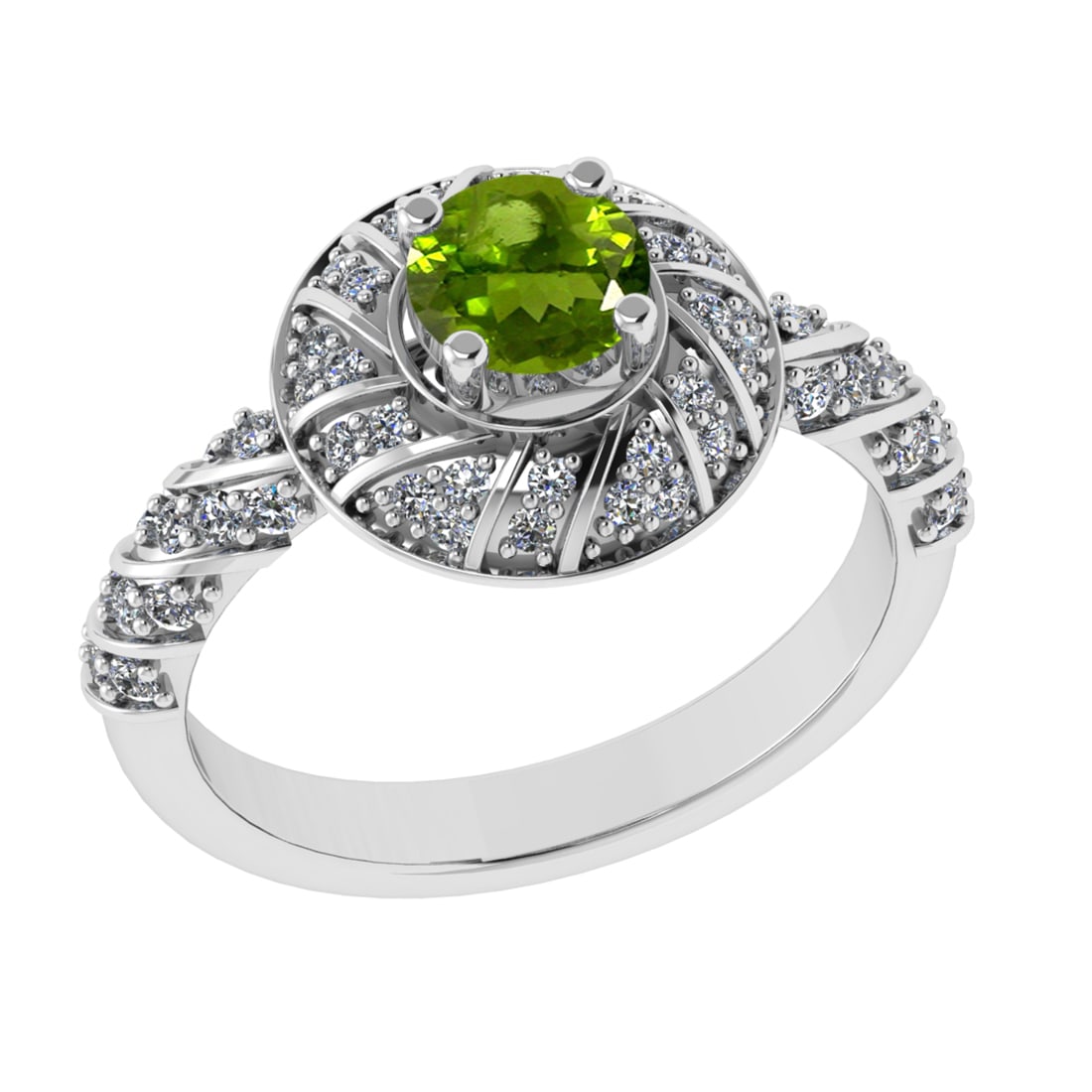 1.03 Ctw VS/SI1 Peridot and Diamond Set 10K white Gold Engagement Ring (ALL: Center Stone Weight :-0.66 Ctw ( Round Cut) Center Stone Color :-Peridot Center Stone Setting : Prong Side Diamond Weight Of Ctw 0.37 Ctw Color : J-K Clarity : VS/SI1 Daimond Setting : Prong Metal Wei