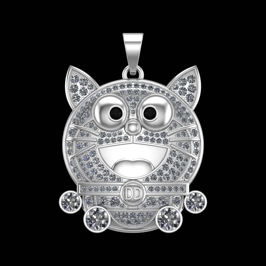 5.15 Ctw SI1/SI2Diamond Prong Set 10k white Gold Creature Pendant(ALL DIAMO: Eye Stone Weight :- 0.14 ctw Eye Stone Color :- Treated Fancy Black Diamond Total Daimond Weight :-5.01 Ctw Color : J-K Clarity : SI1/SI2 Setting : Prong Metal Weight : Approx 60.50 gram 10k White Gol