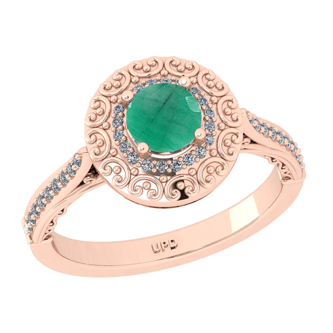 1.10 Ctw VS/SI1 Emerald and Diamond 14k Rose Gold Engagement Ring: Center Stone Weight :-0.84 Ctw ( Round Cut) Center Stone Color :-Emerald Center Stone Setting : Prong Side Diamond Weight Of Ctw :- 0.26 Ctw Color : J-K Clarity : VS/SI1 Daimond Setting : Prong Metal