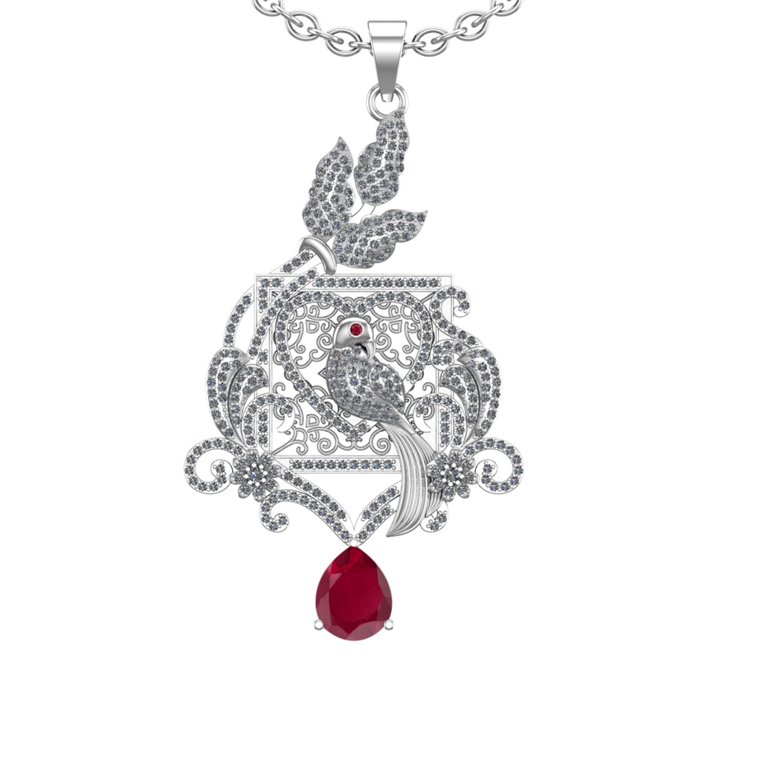 4.41 Ctw VS/SI1 Ruby and Diamond Prong Set 14K White Gold Pendant (ALL DIAM: Eye stone Weight :-0.01 ctw Eye stone Color :- Ruby Center Stone Weight : 2.50 Ctw (Pear Cut) Center Stone Color : Ruby Setting : Prong Side Weight Of Ctw 1.90 Ctw Color : J-K Clarity : VS/SI1 Stone S