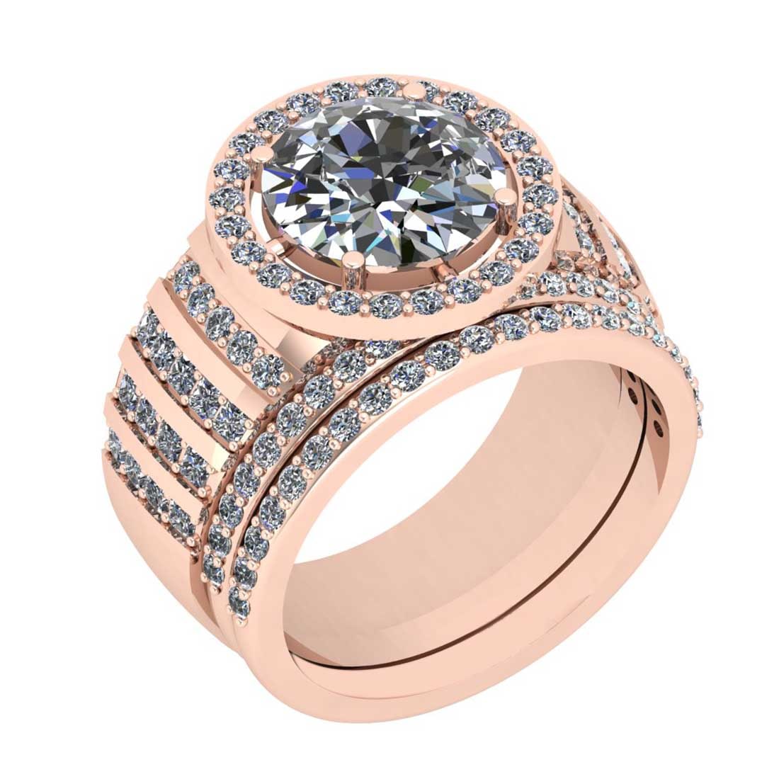 5.97 Ctw SI2/I1 Diamond Style Prong Set 18K Rose Gold Engagement set Ring: Center Diamond Weight : 3.87 Ctw ( Round Cut) Center Diamond Color : G-H Center Stone Setting : Prong Center Stone Clarity : SI2/I1 Side Stone Weight Of Ctw 2.10 Ctw Side Stone Color : G-H Stone Clari