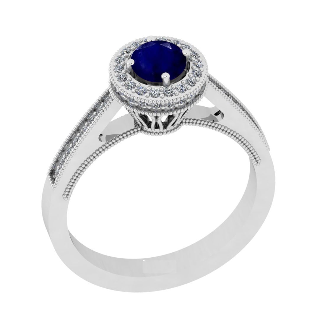 0.82 Ctw VS/SI1 Blue Sapphire And Diamond 14K White Gold Engagement Halo Ri: Center Stone Weight : 0.50 Ctw (Round Cut) Center Stone Color : Blue Sapphire Stone Setting : Prong Side Stone Weight Of Ctw 0.32 Ctw Side Stone Color : J-K Stone Clarity : VS/SI1 Stone Setting : Pron