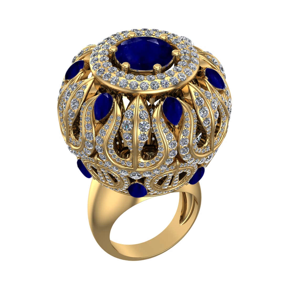 17.72 Ctw VS/SI1 Blue Sapphire and Diamond 14k Yellow Gold Engagement Ring(: Center Stone Weight :-9.84 Ctw ( Round & Pear Cut) Center Stone Color :-Blue Sapphire Center Stone Setting : Prong Side Diamond Weight Of Ctw :- 7.88 Ctw Color : J-K Clarity : VS/SI1 Daimond Setting :