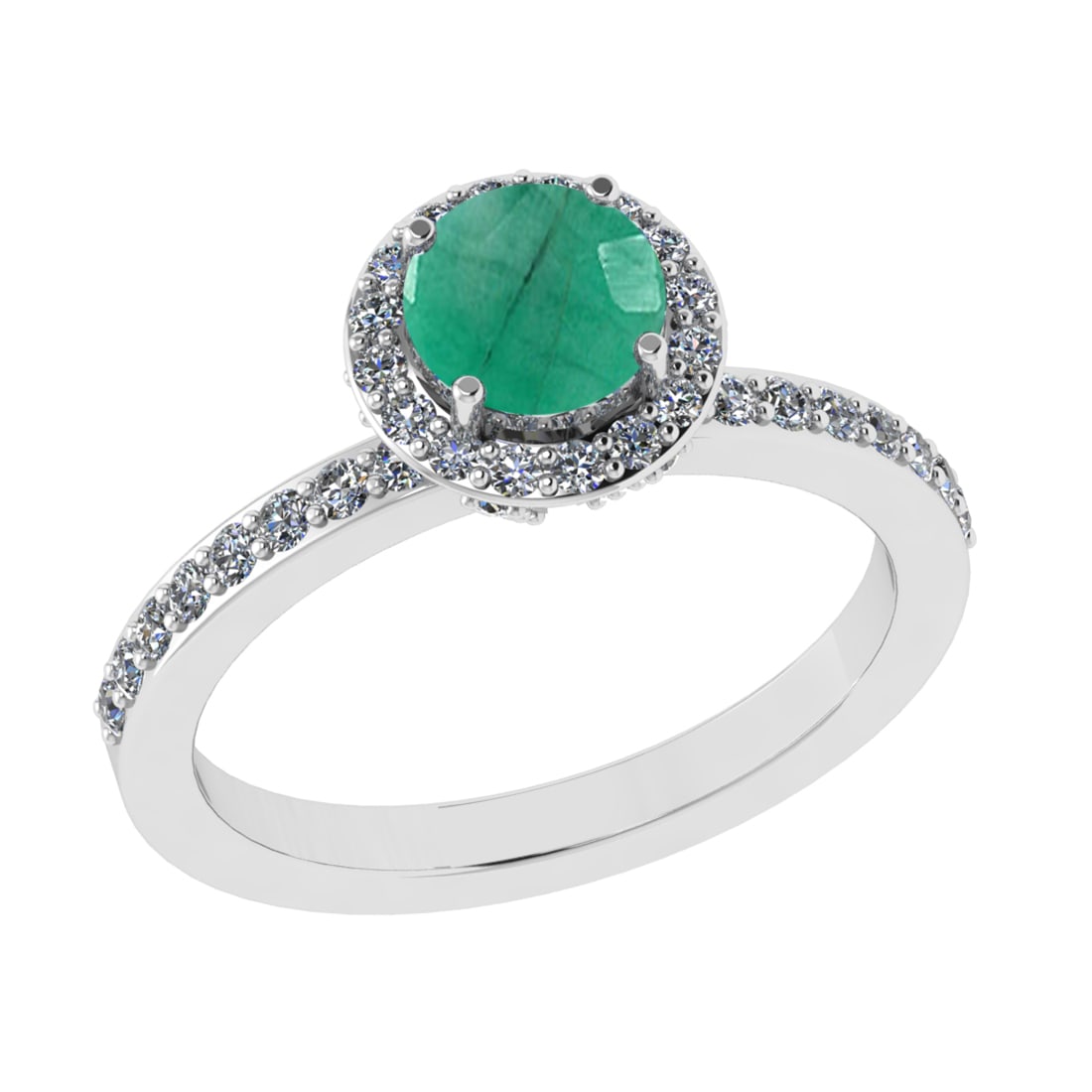 1.59 Ctw VS/SI1 Emerald and Diamond 14k white Gold Engagement Ring: Center Stone Weight :-0.84 Ctw ( Round Cut) Center Stone Color :-Emerald Center Stone Setting : Prong Side Diamond Weight Of Ctw :- 0.75 Ctw Color : J-K Clarity : VS/SI1 Daimond Setting : Prong Metal