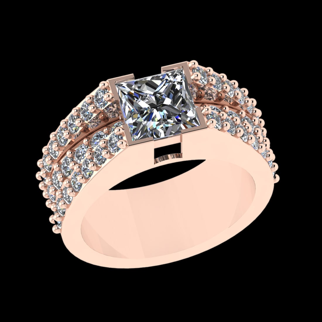 2.90 Ctw VS/SI1 Diamond Prong Set 18k Rose Gold Engagement Ring (ALL DIAMON: Center Daimond Weight :-1.50 Ctw (Princess Cut) Color : G-H Clarity : VS/SI1 Side Diamond Weight Of Ctw 1.40 Ctw Color : G-H Clarity : VS/SI1 Daimond Setting : Prong Metal Weight : Approx 5.33 gram 18