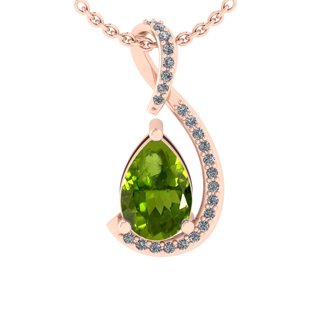 2.12 Ctw VS/SI1 Peridot and Diamond Set 10K Rose Gold Pendant (ALL DIAMOND: Center Stone Weight :-2.00 Ctw ( Pear Cut) Center Stone Color :-Peridot Center Stone Setting : Prong Side Diamond Weight Of Ctw 0.12 Ctw Color : J-K Clarity : VS/SI1 Daimond Setting : Prong Metal